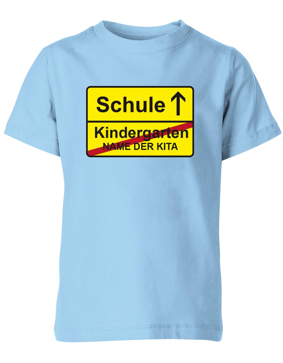Schule-Kindergarten-ortsschild-Name-der-Kita-Kinder-Shirt-Hellblau