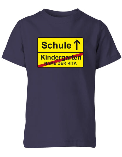 Schule-Kindergarten-ortsschild-Name-der-Kita-Kinder-Shirt-Navy