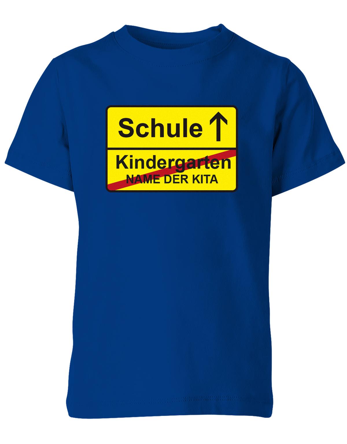 Schule-Kindergarten-ortsschild-Name-der-Kita-Kinder-Shirt-Royalblau