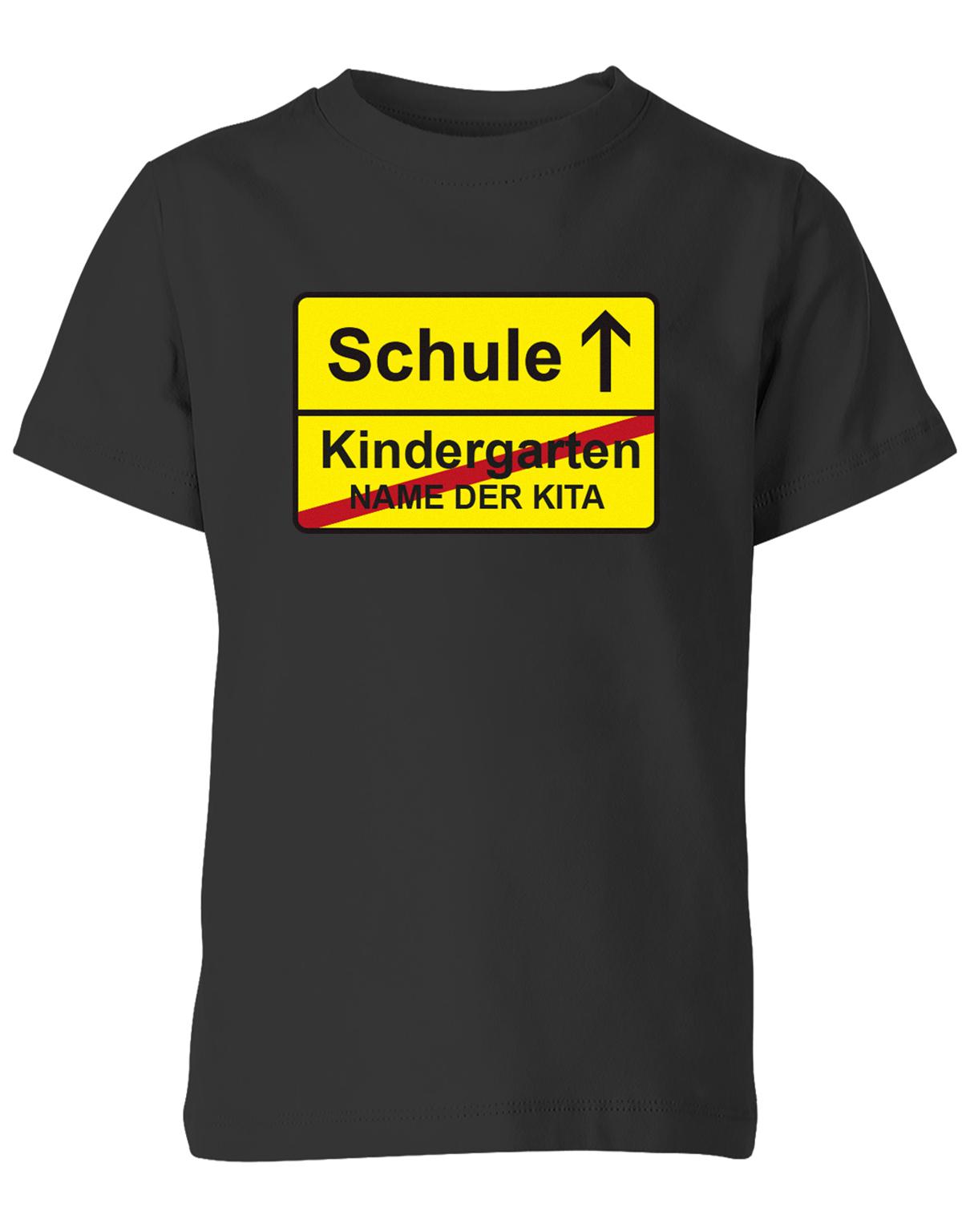Schule-Kindergarten-ortsschild-Name-der-Kita-Kinder-Shirt-SChwarz