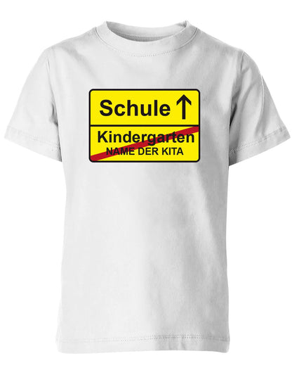 Schule-Kindergarten-ortsschild-Name-der-Kita-Kinder-Shirt-Weiss