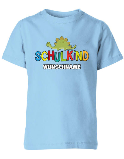 Schulkind - Dino - 1. Klasse Geschenk zur Einschulung mit Name - Kinder T-Shirt Hellblau
