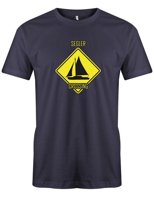 Das lustige Segler t-shirt bedruckt mit "Achtung Schild Segler Crossing mit Segelboot". Navy