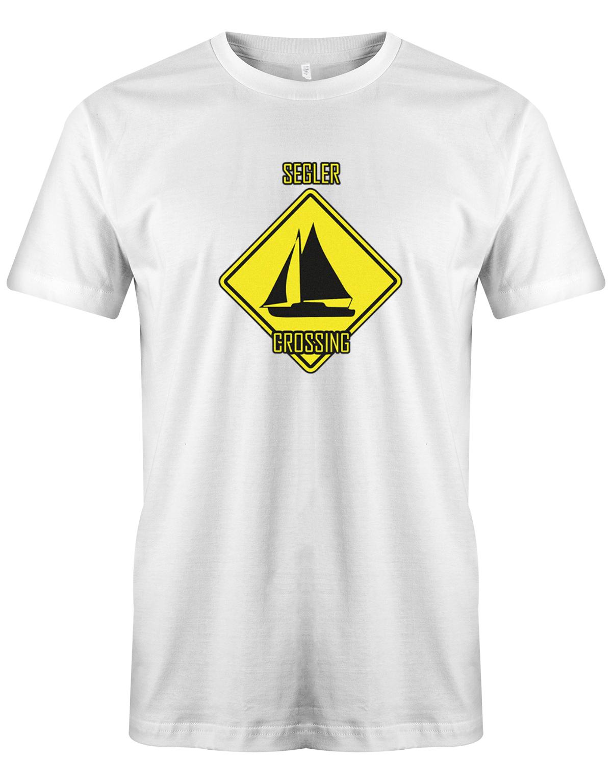 Das lustige Segler t-shirt bedruckt mit "Achtung Schild Segler Crossing mit Segelboot". Weiss