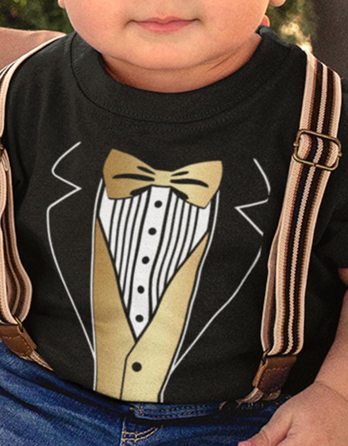Schickes elegantes Baby Shirt Anzug Smoking Design mit Fliege.