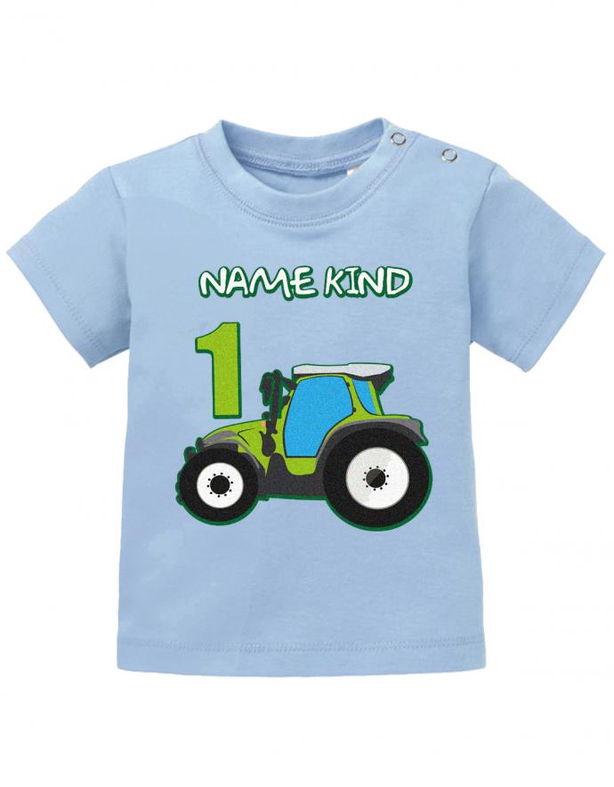 Traktor-Erster-Geburtstag-Wunschname-1-Baby-Shirt-Hellblau