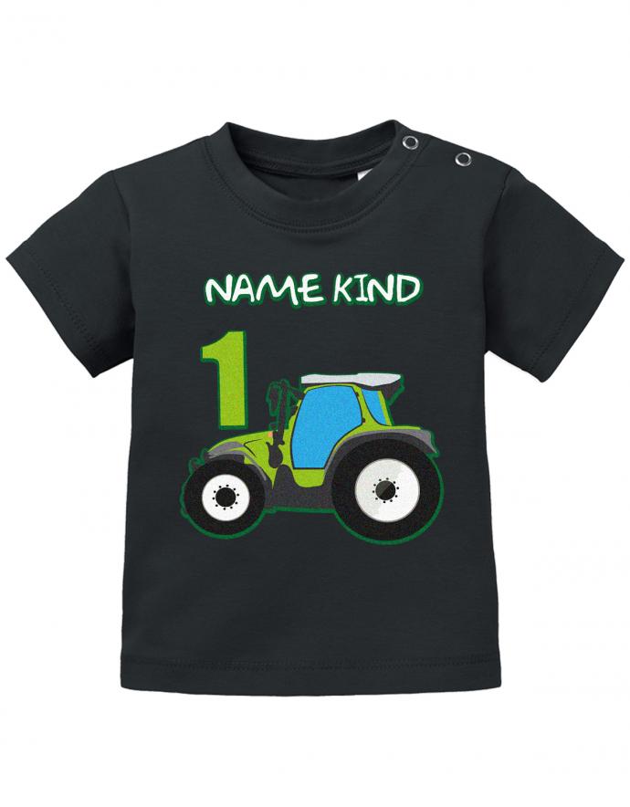Traktor-Erster-Geburtstag-Wunschname-1-Baby-Shirt-Schwarz