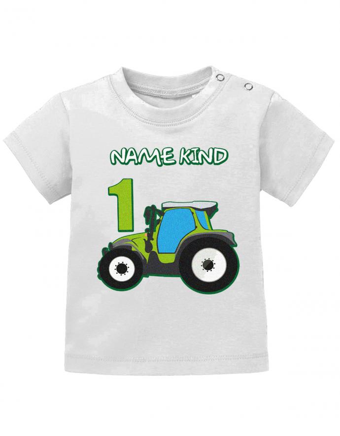 Traktor-Erster-Geburtstag-Wunschname-1-Baby-Shirt-Weiss