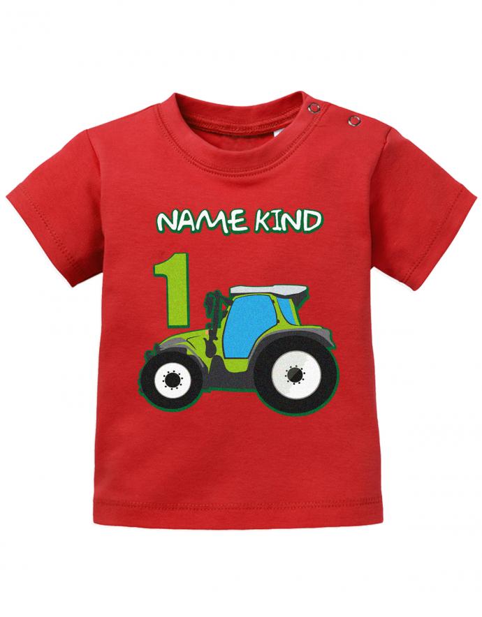 Traktor-Erster-Geburtstag-Wunschname-1-Baby-Shirt-rot