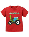 Traktor-Erster-Geburtstag-Wunschname-1-Baby-Shirt-rot