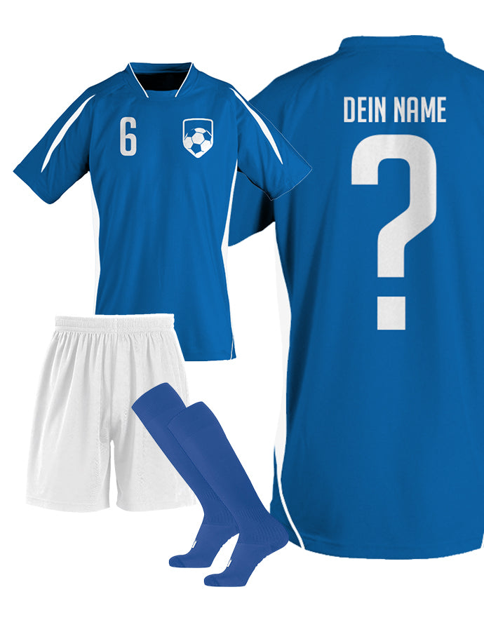 Fußball Trikot Set - Blau Weiß Blau - Fußball Wappen Mit Name und Nummer