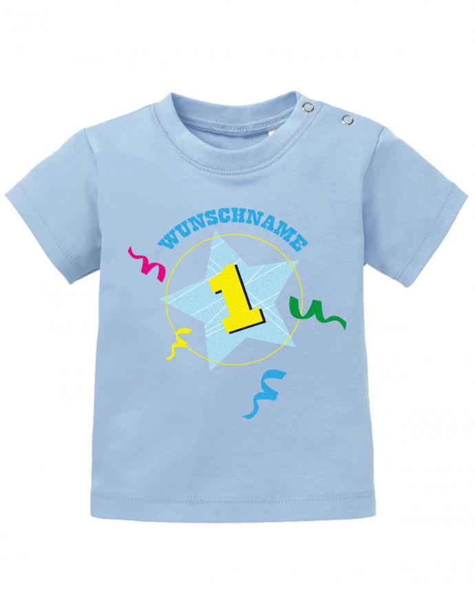 Wunschname-1-Konfetti-erster-geburtstag-Baby-Shirt-hellblau