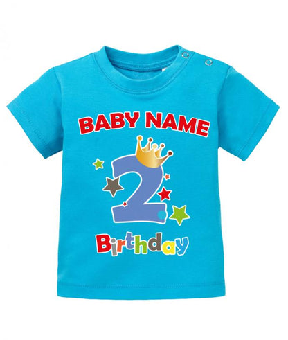 T Shirt 2 Geburtstag Junge Baby. Große Zwei mit Krone und Sternen Second Birthday. Personalisiert mit Name vom Geburtstagskind. Blau