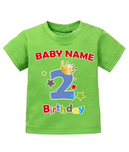 T Shirt 2 Geburtstag Junge Baby. Große Zwei mit Krone und Sternen Second Birthday. Personalisiert mit Name vom Geburtstagskind. Grün