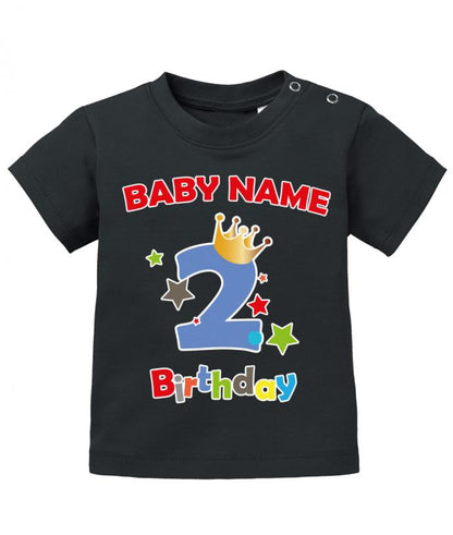 T Shirt 2 Geburtstag Junge Baby. Große Zwei mit Krone und Sternen Second Birthday. Personalisiert mit Name vom Geburtstagskind. Schwarz