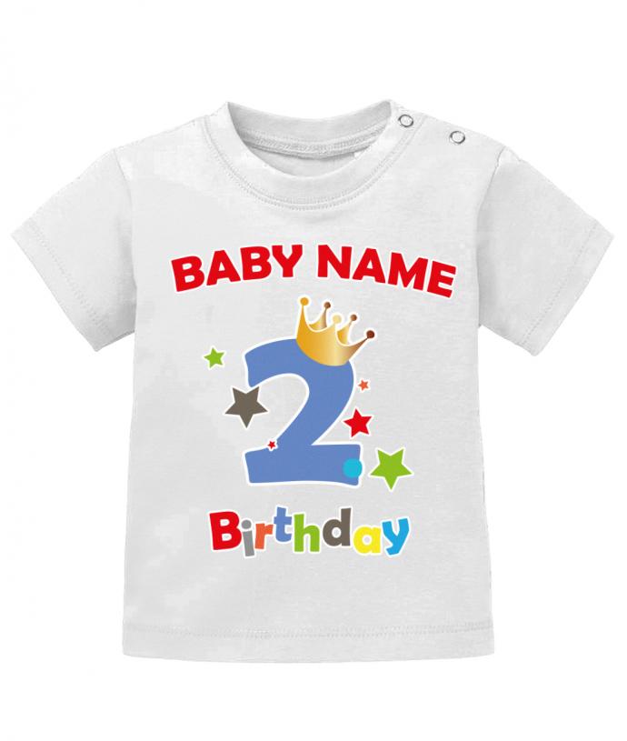 T Shirt 2 Geburtstag Junge Baby. Große Zwei mit Krone und Sternen Second Birthday. Personalisiert mit Name vom Geburtstagskind. Weiss