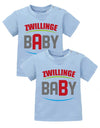 Zwillings Sprüche Baby Shirt Zwillinge A und B aus BABY Hellblau