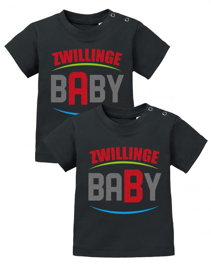 Zwillings Sprüche Baby Shirt Zwillinge A und B aus BABY Schwarz
