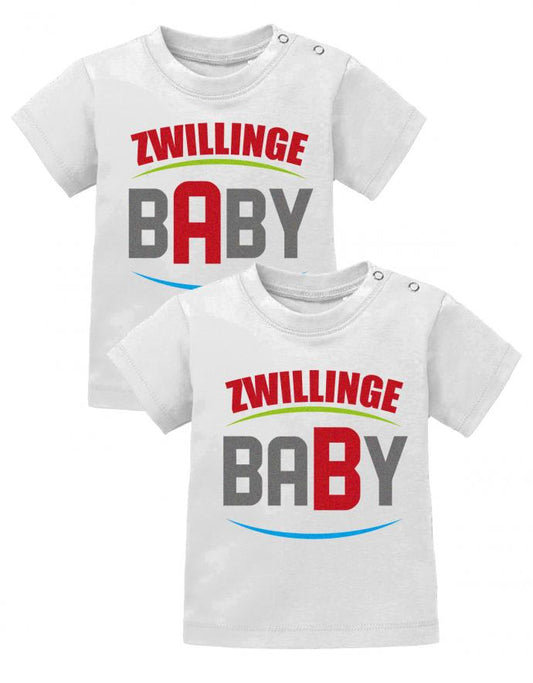 Zwillings Sprüche Baby Shirt Zwillinge A und B aus BABY Weiss