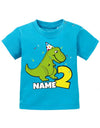 T Shirt 2 Geburtstag Junge Baby. Dinosaurier mit Geburtstagsmütze und Konfetti. Personalisiert mit Namen vom Geburtstagskind. Geburtstag Shirt mit Dino. Blau