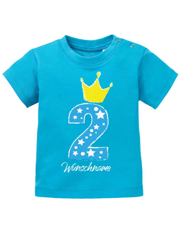 T Shirt 2 Geburtstag Mädchen und Junge Baby. Große 2 mit Sternchen und Krone. Personalisiert mit Namen vom Geburtstagskind Blau