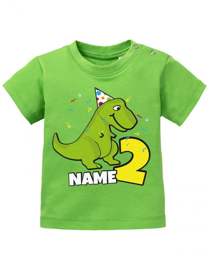 T Shirt 2 Geburtstag Junge Baby. Dinosaurier mit Geburtstagsmütze und Konfetti. Personalisiert mit Namen vom Geburtstagskind. Geburtstag Shirt mit Dino Grün