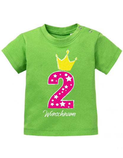 baby-t-shirt-geburtstag 2 jahre mit krone und wunschnamen-baby-t-shirt bedruckt mädchen grün