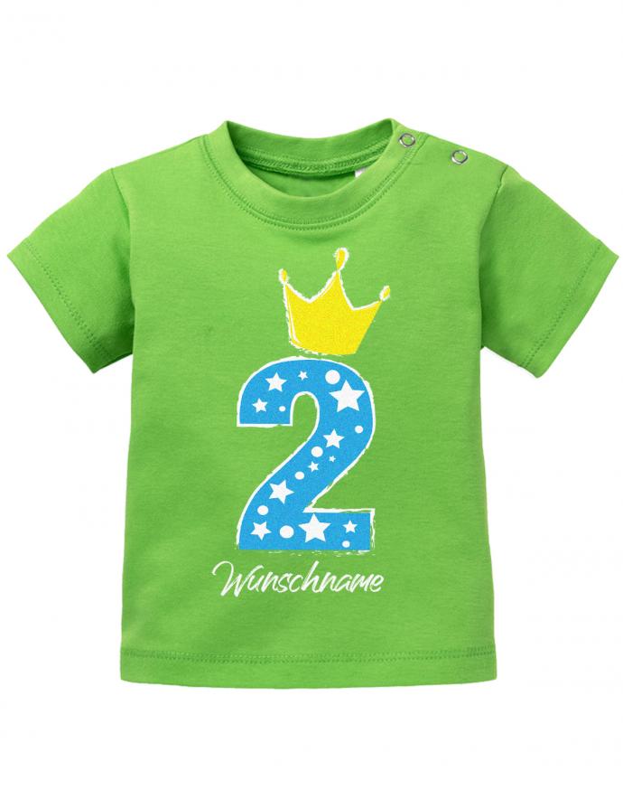 T Shirt 2 Geburtstag Mädchen und Junge Baby. Große 2 mit Sternchen und Krone. Personalisiert mit Namen vom Geburtstagskind Grün