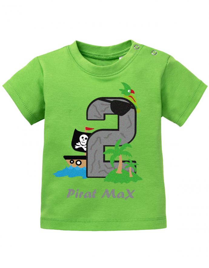 T Shirt 2 Geburtstag Junge Baby. Pirateninsel Große 2 als Berg mit Palmen, Kakadu und Piratenschiff mit Totenkopf Segel. Personalisierbar mit Name vom Piraten Grün