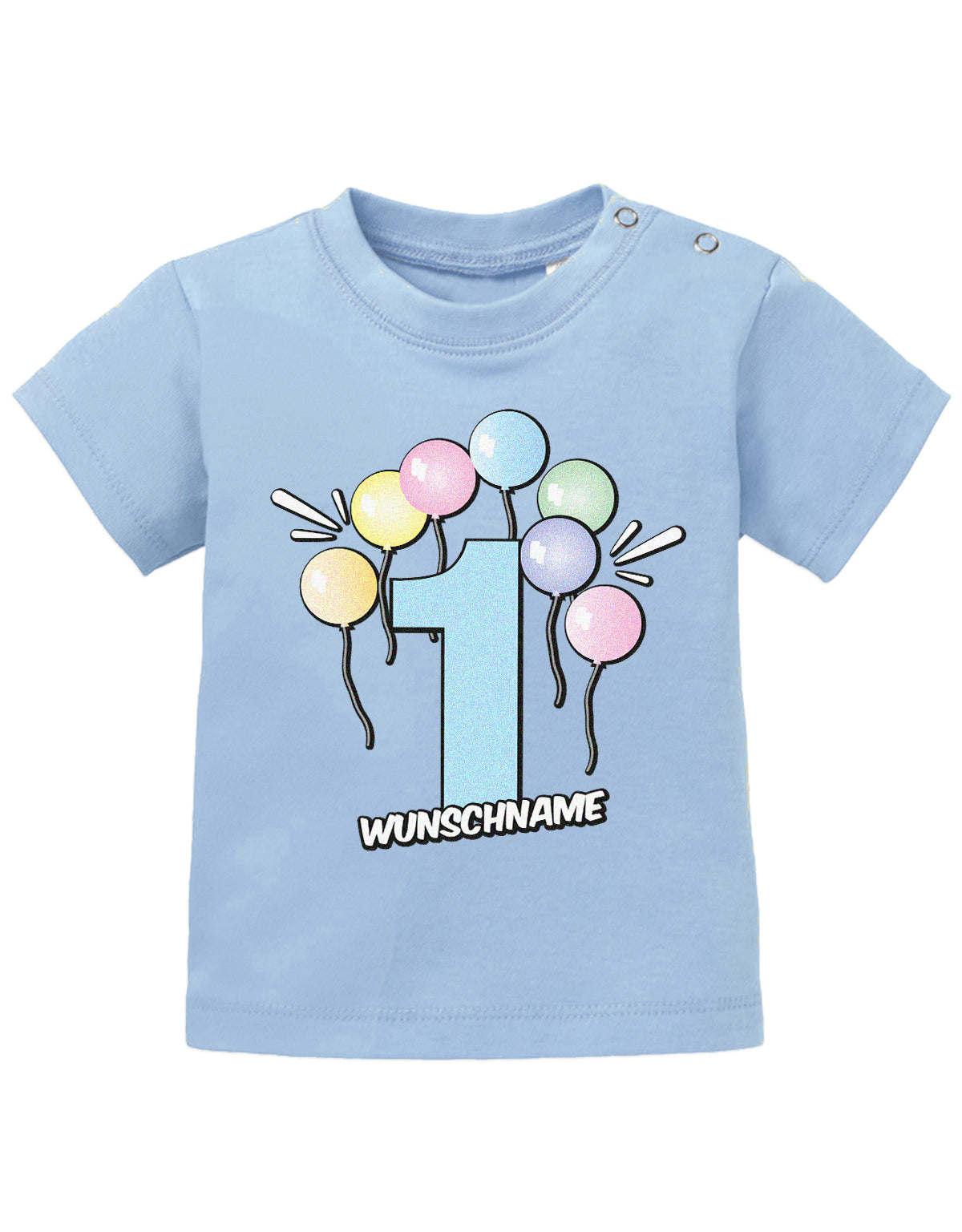 Baby T-Shirt erster Geburtstag mit Ballons und Wunschnamen-hellblau