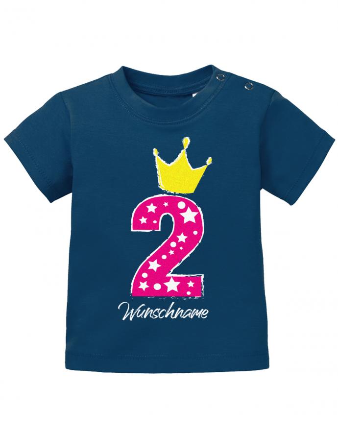 baby-t-shirt-geburtstag 2 jahre mit krone und wunschnamen-baby-t-shirt bedruckt mädchen navy