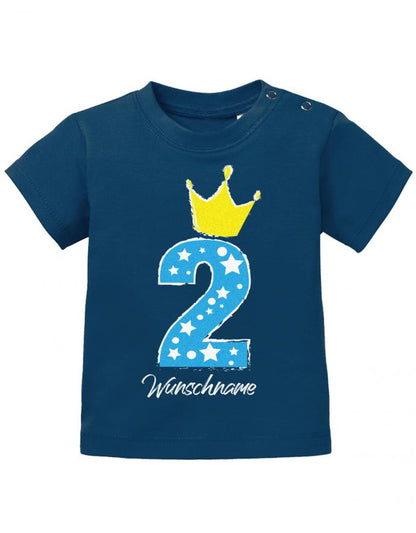 T Shirt 2 Geburtstag Mädchen und Junge Baby. Große 2 mit Sternchen und Krone. Personalisiert mit Namen vom Geburtstagskind Navy