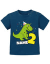 T Shirt 2 Geburtstag Junge Baby. Dinosaurier mit Geburtstagsmütze und Konfetti. Personalisiert mit Namen vom Geburtstagskind. Geburtstag Shirt mit Dino Navy