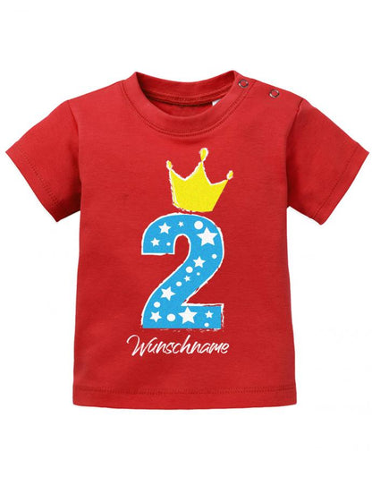 T Shirt 2 Geburtstag Mädchen und Junge Baby. Große 2 mit Sternchen und Krone. Personalisiert mit Namen vom Geburtstagskind Rot