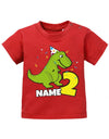 T Shirt 2 Geburtstag Junge Baby. Dinosaurier mit Geburtstagsmütze und Konfetti. Personalisiert mit Namen vom Geburtstagskind. Geburtstag Shirt mit Dino Rot