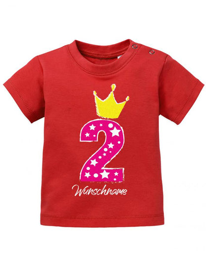 baby-t-shirt-geburtstag 2 jahre mit krone und wunschnamen-baby-t-shirt bedruckt mädchen rot