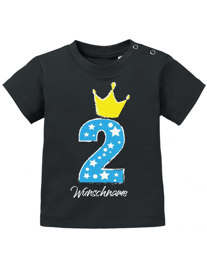 T Shirt 2 Geburtstag Mädchen und Junge Baby. Große 2 mit Sternchen und Krone. Personalisiert mit Namen vom Geburtstagskind Schwarz