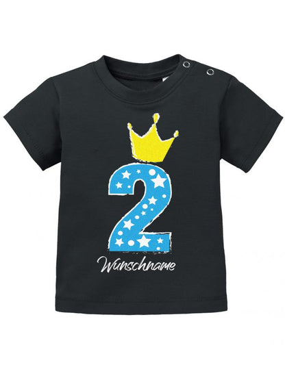 T Shirt 2 Geburtstag Mädchen und Junge Baby. Große 2 mit Sternchen und Krone. Personalisiert mit Namen vom Geburtstagskind Schwarz