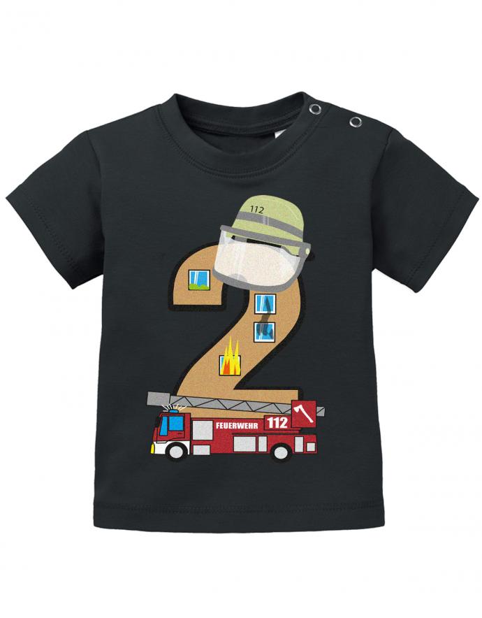 Baby-T-Shirt 2 Jahre Geburtstag mit Feuerwehr jungen-schwarz