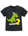 T Shirt 2 Geburtstag Junge Baby. Dinosaurier mit Geburtstagsmütze und Konfetti. Personalisiert mit Namen vom Geburtstagskind. Geburtstag Shirt mit Dino Schwarz