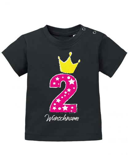 baby-t-shirt-geburtstag 2 jahre mit krone und wunschnamen-baby-t-shirt bedruckt mädchen schwarz