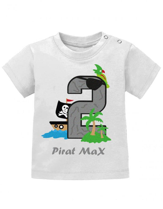 T Shirt 2 Geburtstag Junge Baby. Pirateninsel Große 2 als Berg mit Palmen, Kakadu und Piratenschiff mit Totenkopf Segel. Personalisierbar mit Name vom Piraten