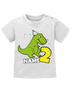 T Shirt 2 Geburtstag Junge Baby. Dinosaurier mit Geburtstagsmütze und Konfetti. Personalisiert mit Namen vom Geburtstagskind. Geburtstag Shirt mit Dino Weiss