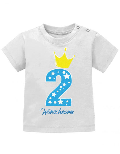 T Shirt 2 Geburtstag Mädchen und Junge Baby. Große 2 mit Sternchen und Krone. Personalisiert mit Namen vom Geburtstagskind Weiss