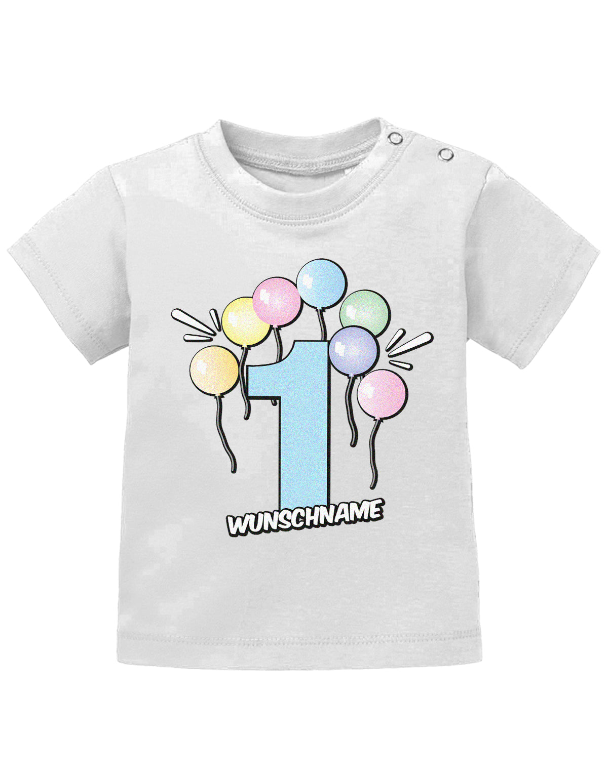 Baby T-Shirt erster Geburtstag mit Ballons und Wunschnamen-weiss
