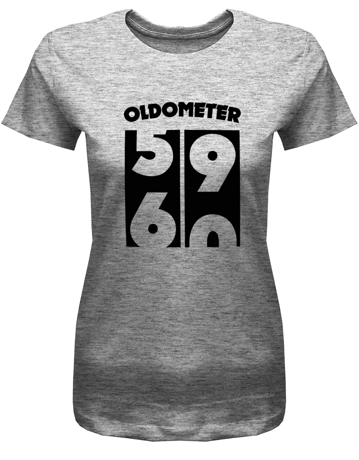 Lustiges T-Shirt zum 60 Geburtstag für die Frau Bedruckt mit Oldometer Wechsel von 59 zu 60 Jahren. Grau