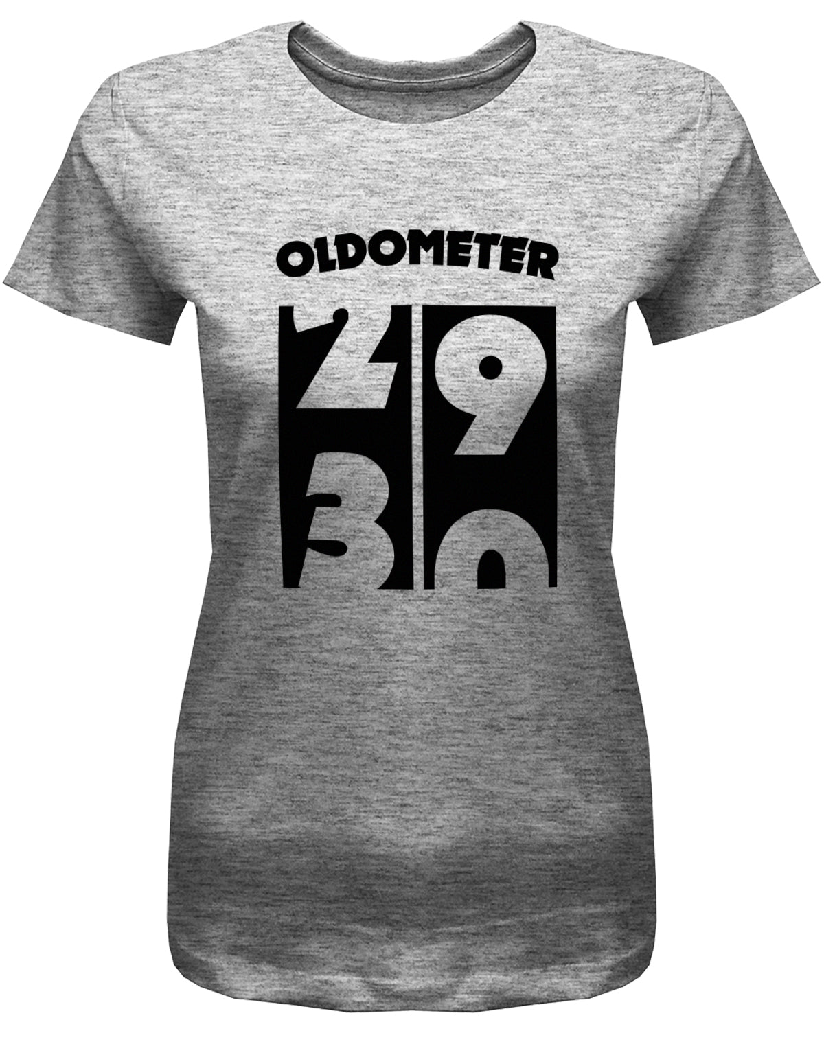 Lustiges T-Shirt zum 30. Geburtstag für die Frau Bedruckt mit Oldometer. Wechsel von 29 auf 30 Jahren. Grau