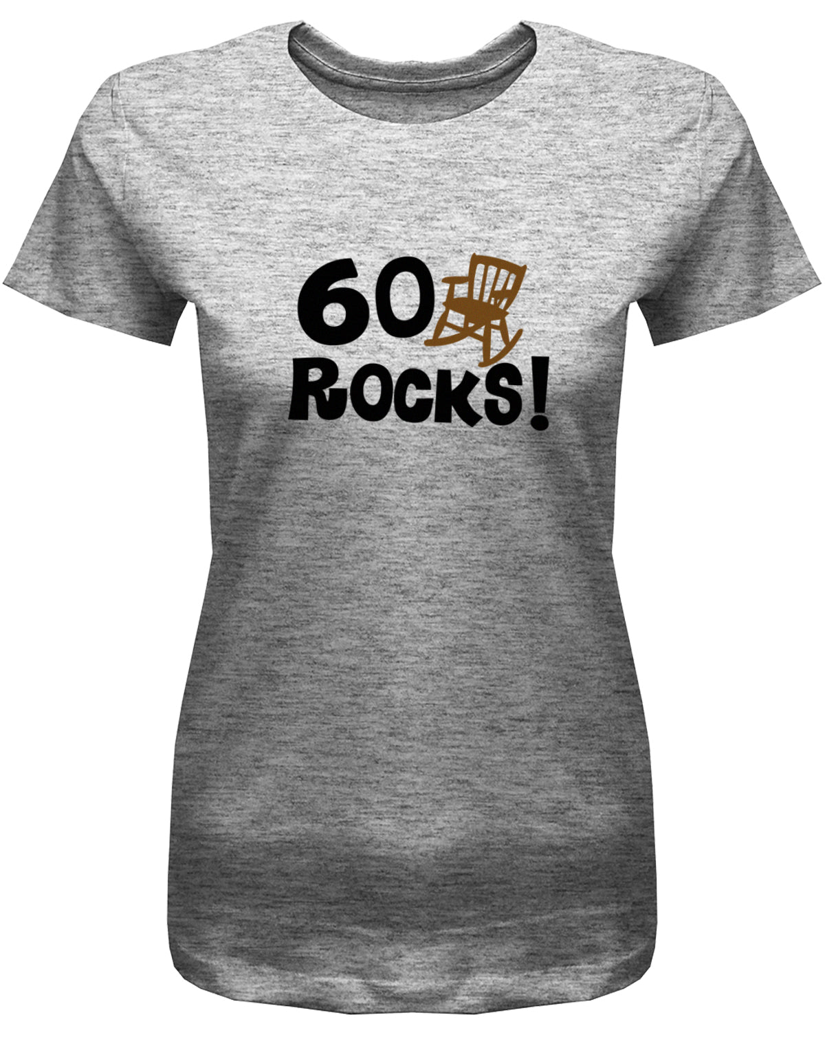Lustiges T-Shirt zum 60 Geburtstag für die Frau Bedruckt mit 60 Rocks Schaukelstuhl. Grau