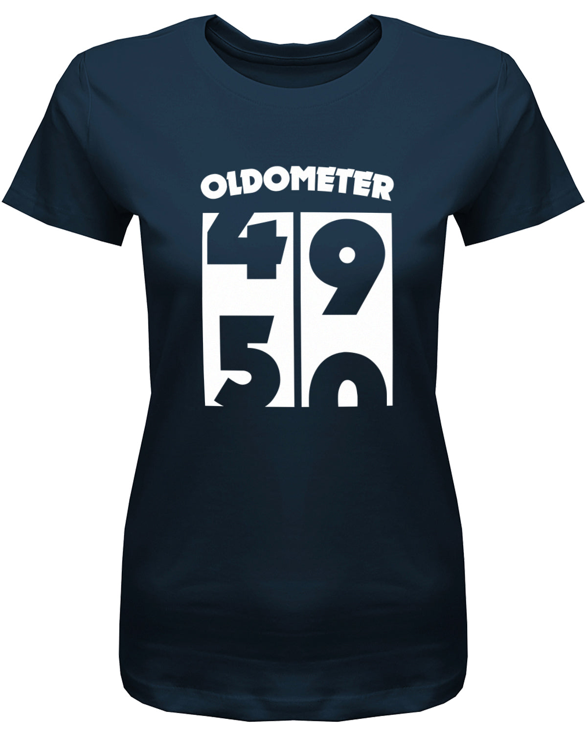 Lustiges T-Shirt zum 50. Geburtstag für die Frau Bedruckt mit Oldometer Wechsel von 49 auf 50 Jahre. Navy