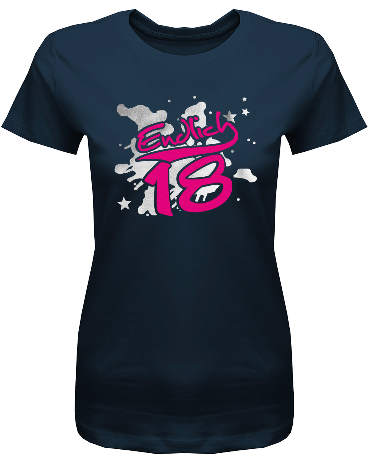 Cooles T-Shirt zum 18. Geburtstag für Mädchen. Bedruckt mit: Endlich 18 in Pink und silbernen Hintergrund. Das T Shirt 18 Geburtstag Mädchen Lustig ist ein tolles Geschenk für alle 18 Jährigen. Geschenk zum 18 geburtstag Frau ✓ 2005 geburtstag Frau ✓ 18 Geburtstag tshirt ✓ shirt geburtstag 18 Navy